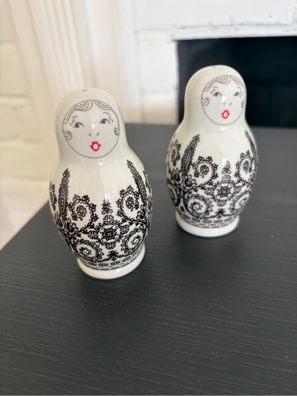 Anthropologie Porcelain Matryoshka Pair of Salt  Shakers - Black and White